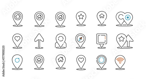 Set of modern map pin location icons, including home, heart, star, compass, Wi-Fi, and directional markers, presented as clean, ordered line art on a white background for versatile graphic design