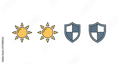 Set of two sun icons and two shield icons, presented in a linear, cartoon illustration style with a clean white background, perfect for graphic design, web sites, cards, books, and articles