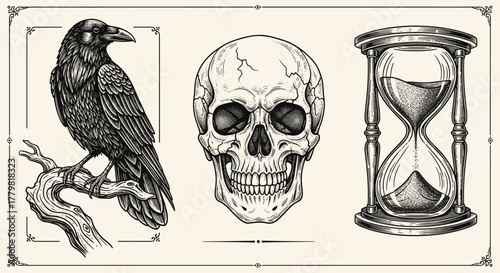 Detailed engraved illustration set featuring a majestic crow perched on a gnarled branch, a cracked human skull with empty eye sockets, and a classic hourglass with sand flowing, perfect for retro
