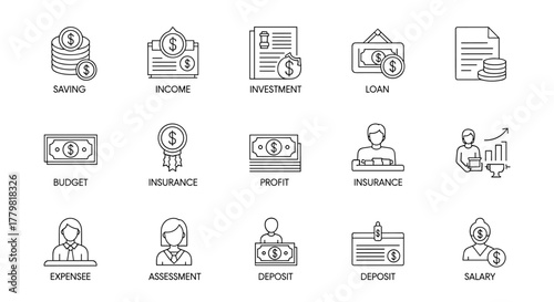 Minimalist Personal Finance Line Icon Set with Editable Stroke, Featuring Savings, Income, Investment, Loan, Budget, Profit, Insurance, Assessment, Expense, Deposit, and Salary Concepts for Financial