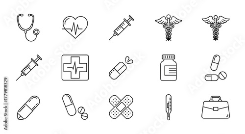 A collection of simple, minimalistic linear icons representing health care and treatment, featuring a stethoscope, heart with EKG, syringe, caduceus symbols, medical cross, capsules, pills, bandage
