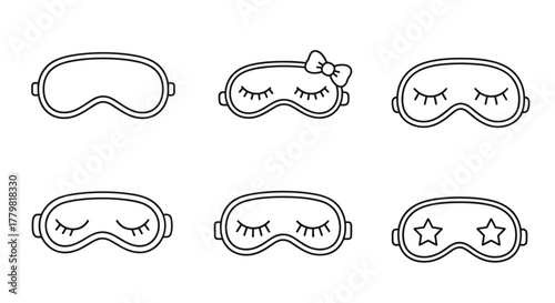 Set of six simple line art sleep mask icons on a white background, featuring a plain mask, one with a bow, two with closed eyes and eyelashes, and two with star cutouts, perfect for sleep
