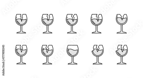 Set of ten thin line icons representing broken wine glasses, each with a unique crack pattern and filled with a light gray liquid, presented on a clean white background. This vector cartoon