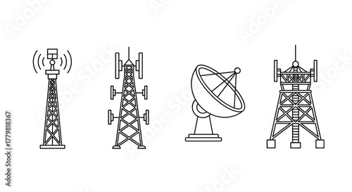 Set of communication towers and antennas, including radio towers, cell towers, and satellite dishes, presented as clean outline icons on a white background, symbolizing broadcasting and