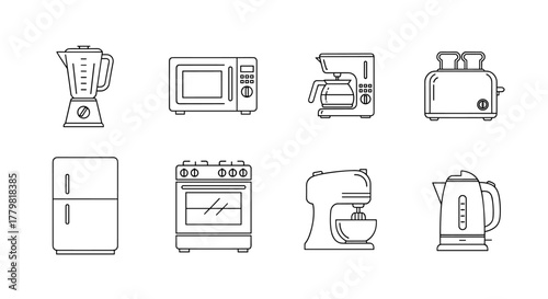 Collection of modern outline icons representing essential kitchen appliances for home cooking and food preparation, including a blender, microwave, toaster, coffee maker, refrigerator, stove, stand