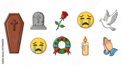 Funeral Icon Set Vector Cartoon Illustration with a White Background, Ordered Set of Mourning Symbols Including Coffin, Tombstone, Rose, Crying Emoji, Dove, Wreath, Candle, and Praying Hands