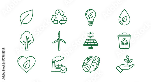Eco-friendly green line icon set representing ecology and nature, including a leaf, recycling symbol, lightbulb, water drop, tree, wind turbine, solar panel, trash can, heart, factory, planet Earth