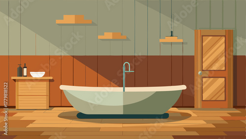 A bathroom with a modern freestanding bathtub but the walls are made entirely of reclaimed wood panels.