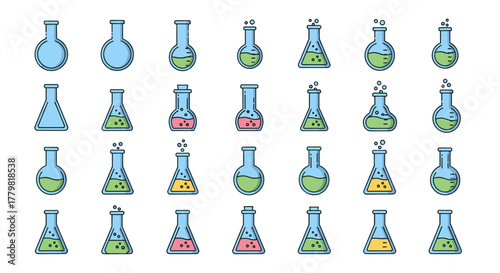 Collection of minimalistic linear web icons featuring light blue lab flasks filled with colorful liquids, including round-bottom flasks, Erlenmeyer flasks, and beakers, with bubbles indicating