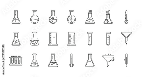 Collection of thin line icons representing laboratory glassware and equipment, including flasks, beakers, test tubes, funnels, and thermometers, suitable for scientific and educational contexts