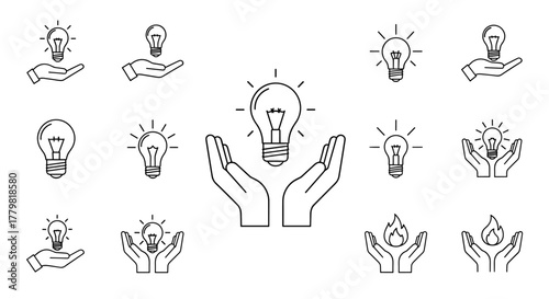 Collection of minimalistic thin line icons depicting light bulbs held over open hands, symbolizing ideas, innovation, and creativity, suitable for web and graphic design, apps, banners, social