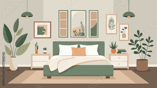 A bedroom with a neutral color palette filled with natural light and decorated with framed botanical prints.