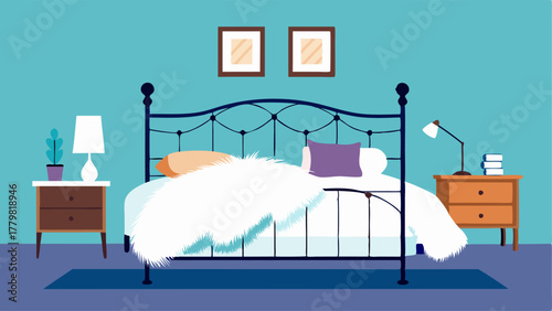 A bedroom with a wrought iron bed frame and soft white linens draped over it accented with a fuzzy faux fur throw.