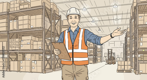 Hand-drawn illustration of a smiling warehouse supervisor wearing a hard hat and safety vest, holding a clipboard and gesturing, with shelves full of boxes and a forklift in the background, conveying