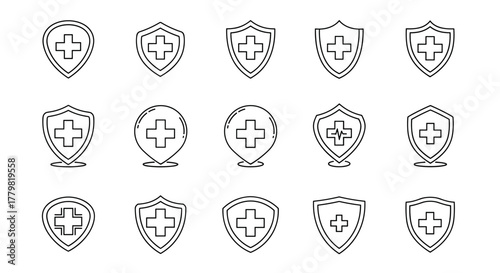 Collection of medical cross icons within shield and location pin shapes, presented in a clean, linear outline style suitable for graphic design, web applications, advertisements, and various cards