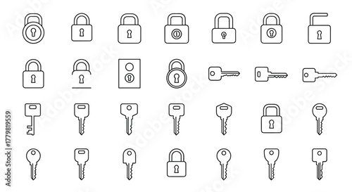 Collection of outline icons representing keys and locks, perfect for graphic and web design, apps, adverts, and various cards. This vector cartoon illustration on a white background includes