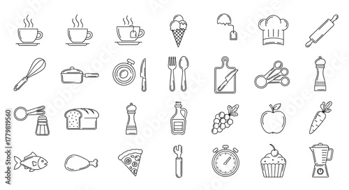A comprehensive collection of food, cooking, and kitchen-related line icons, featuring editable strokes perfect for web design, app development, and graphic cards. This set includes linear