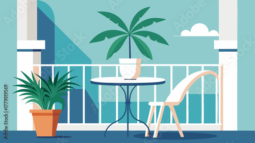 A balcony with a white bistro set and a potted palm tree for a touch of greenery.