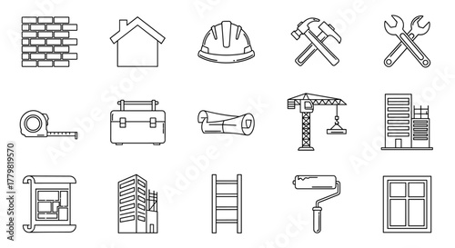 Set of building-related line icons, including a brick wall outline, house, hard hat, hammer, wrench, tape measure, toolbox, blueprint, crane, skyscraper, ladder, paint roller, and window, perfect for