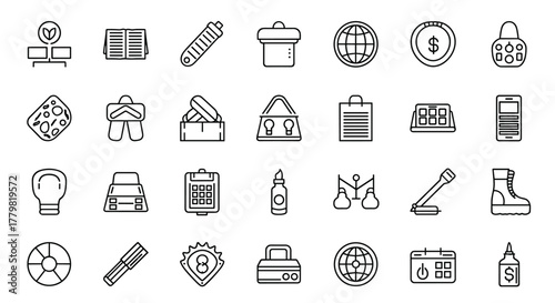 A collection of minimalistic thin line icons suitable for web and graphic design, apps, banners, social networks, and cards. This vector cartoon illustration features a variety of symbols including a