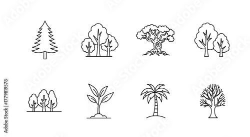 Collection of eight distinct line art tree icons, showcasing a variety of arboreal forms including a pine, deciduous trees, an ancient oak with gnarled roots, a young sapling, a palm tree, and a bare