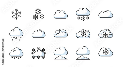 Collection of minimalistic linear pictograms representing various weather conditions, including snowflakes, rain, and clouds, designed for web and graphic design applications, banners, social