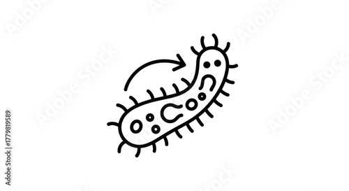 A simple, black and white line icon representing a microorganism with a confused expression and a question mark, suggesting a biological reaction or metabolic process. The flat design pictogram is