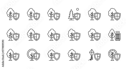 Set of minimalistic linear pictograms featuring a tree next to a shield, symbolizing protection, security, and nature conservation. These versatile icons are ideal for web design, graphic design, app