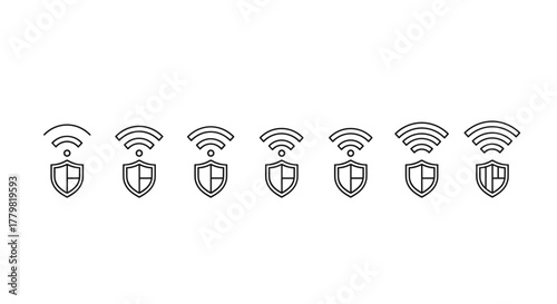 A row of minimalistic line icons representing Wi-Fi signals protected by shields, symbolizing network security and safe wireless connectivity. Ideal for web, graphic design, apps, banners, social