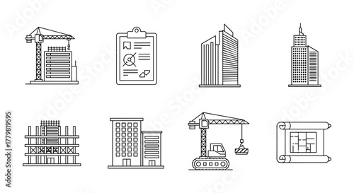 Construction icon collection set, featuring building, project, skyscraper, crane, build, equipment, prepared icon, simple flat vector, ordered line art, architectural elements, urban development, and