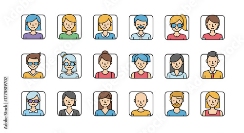Set of 15 diverse minimalistic linear pictograms representing user avatars for web and graphic design, apps, banners, social networks, and cards. This vector cartoon illustration features a variety