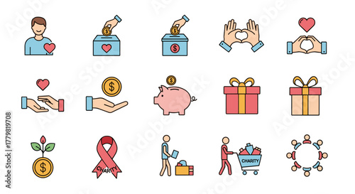 Collection of flat design icons representing charity and donation concepts, including symbols for volunteering, giving money, compassion, fundraising, and community support, presented as editable