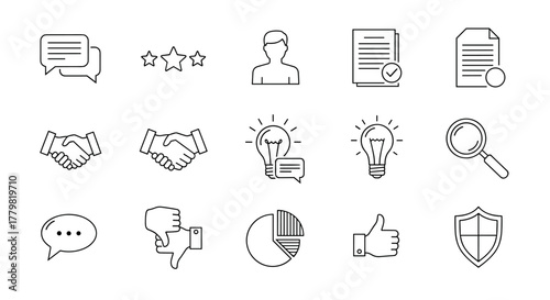Collection of thin line icons representing feedback, review, and testimonial concepts, including chat bubbles, star ratings, user profiles, documents, handshakes, lightbulbs with ideas, search