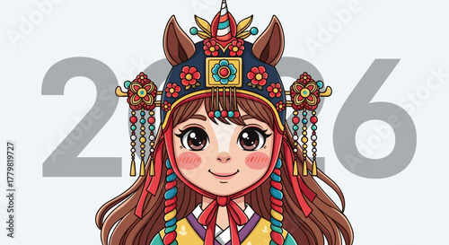 Charming cartoon illustration of a cute horse girl's face, adorned with a traditional Korean headdress featuring floral motifs and dangling ornaments, set against the backdrop of the year 2026
