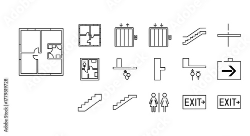 Comprehensive set of indoor mapping icons in outline style, including floor plan layouts, elevator symbols with directional arrows, stair outlines, restroom signs for men and women, and exit signs