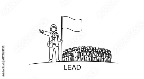 A leader in a suit and helmet points forward with a flag and a crowd of people following, symbolizing success, achievement, and progress in business and teamwork, depicted in a simple line art style.