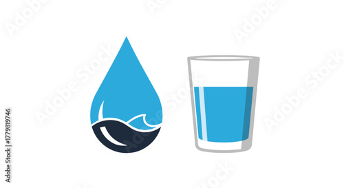 Vivid and stylized icons representing essential elements of nutrition and healthy living, featuring a dynamic water droplet with waves and a clear glass filled with blue liquid, symbolizing hydration