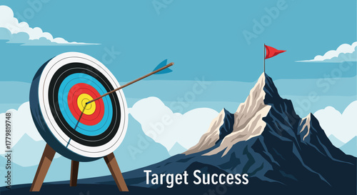 A striking illustration symbolizing success and achievement, featuring a bullseye target with an arrow hitting the center, juxtaposed against a majestic mountain peak crowned with a red flag