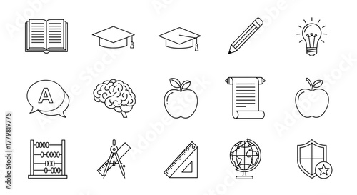 Set of 15 educational icons in a clean, modern line art style, featuring an open book, graduation caps, pencil, lightbulb, speech bubble with letter A, brain, apples, scroll, abacus, compass, ruler