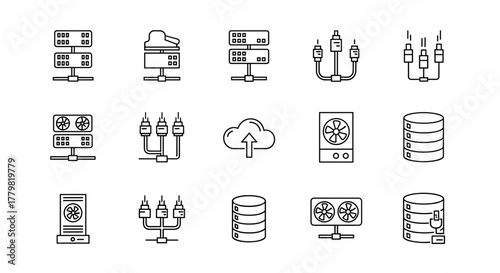 Data center line icons set, representing servers, cooling fans, cloud storage, and network cables, perfect for technology and IT infrastructure visualization, clean and modern design on a white