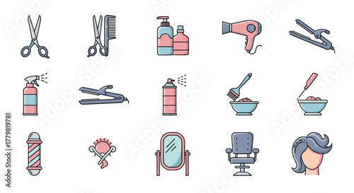 A vibrant and clean vector illustration set featuring essential hair salon and beauty parlor icons, perfect for logos, badges, and design elements on a white background. This collection includes