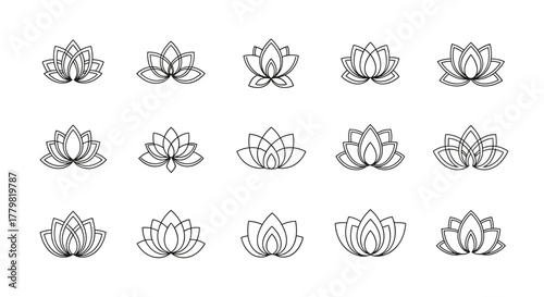 Collection of stylized lotus flower line art icons, representing purity, enlightenment, and tranquility, perfect for yoga studios, spas, wellness brands, and spiritual or meditative contexts