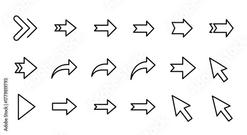 Collection of modern, simple, black line art arrow icons and cursor pointers, presented in a clean, ordered vector illustration set on a white background, perfect for digital interfaces and design