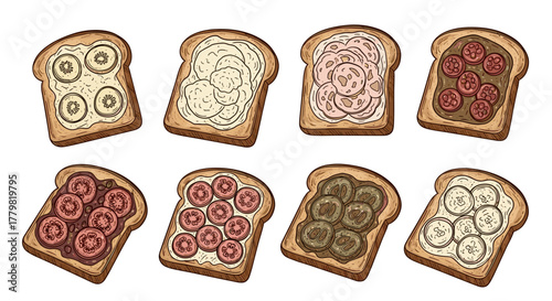 A vibrant collection of eight hand-drawn sketch illustrations of toast bread slices, each adorned with a unique and delicious topping, showcasing a variety of breakfast and snack options in a