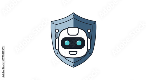 Cute cartoon robot face inside a protective shield, symbolizing security, safety, and advanced technology in digital protection, cybersecurity, and insurance services. This vector illustration is