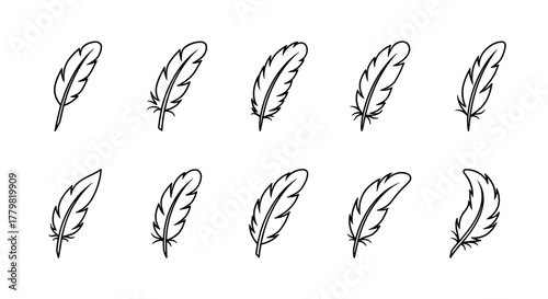 Set of ten thin feather icons with editable stroke, suitable for web sites, books, cards, and apps. Vector cartoon illustration with a white background, representing lightness, freedom, and nature.