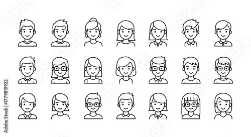 Diverse Collection of Male and Female User Avatar Line Icons for Web Sites, Books, Cards, and Apps, Featuring Editable Stroke and Vector Scalability for Versatile Applications, Representing a Broad