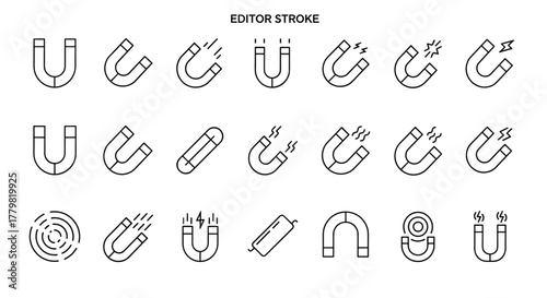 Collection of minimalistic linear magnet icons with editable stroke, featuring horseshoe magnets, bar magnets, and magnetic field representations, perfect for science, technology, and educational