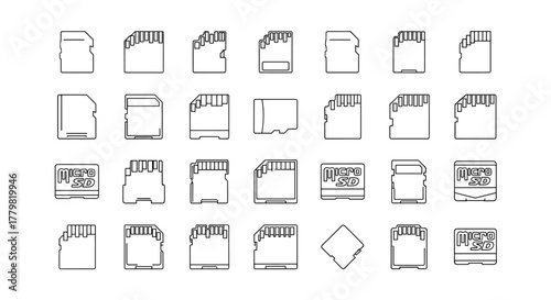 Collection of MicroSD memory card outline icons, presented in a simple linear style with editable strokes, suitable for web sites, books, cards, and apps, featuring a vector cartoon illustration of