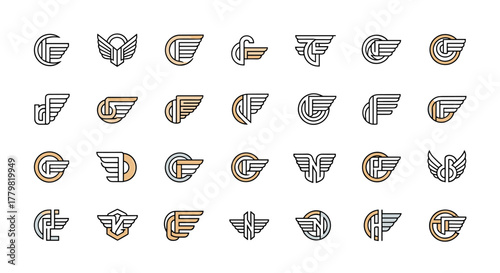 Collection of 30 unique wing monogram logos, featuring letters like C, D, F, G, N, and B, presented as clean, modern line art with a touch of color, perfect for branding and design projects on a